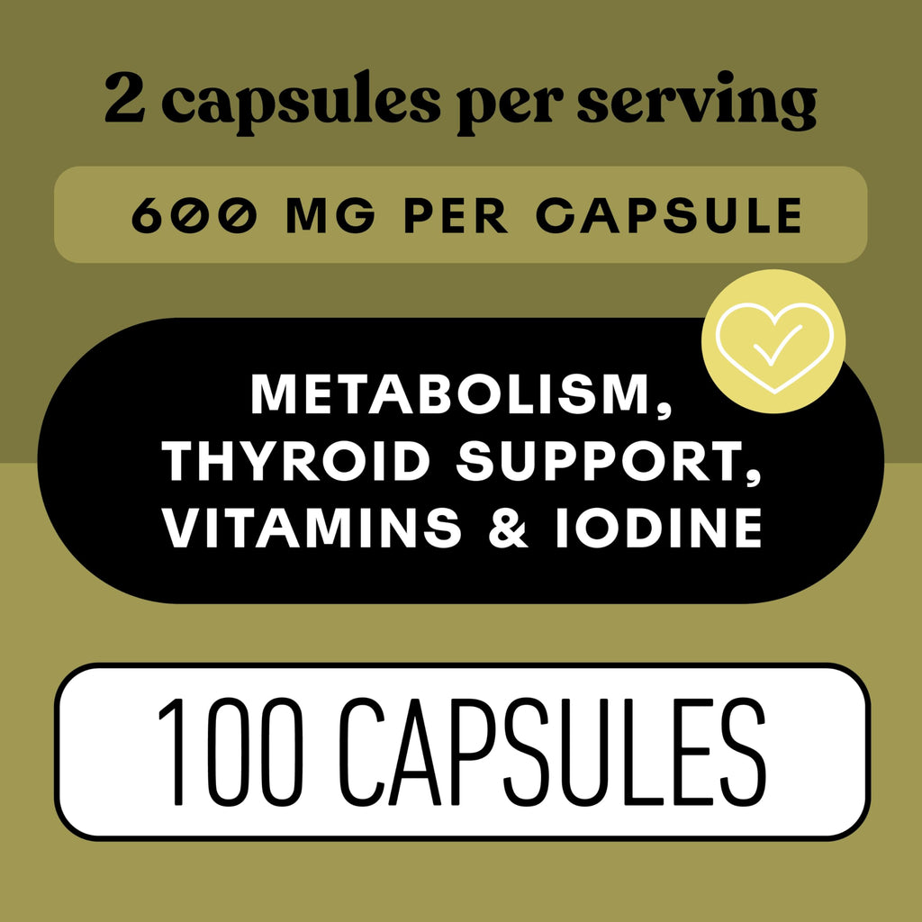 Raw Sea Kelp Powder Capsules 600mg – 100 Vegetarian, Gluten-Free, Thyroid Support