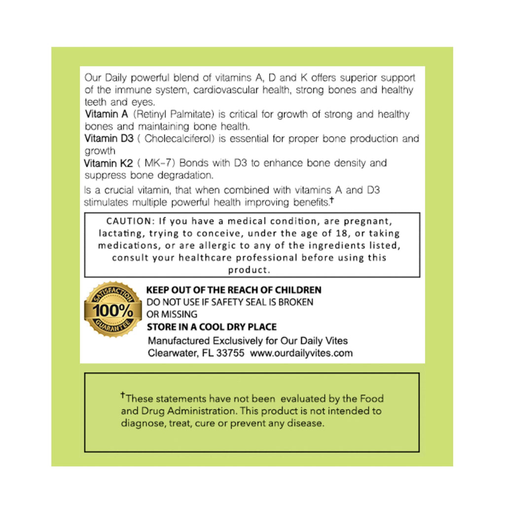 Our Daily Vites ADK Supplement – Vitamin A, D3 & K2 (MK7) for Bone & Immune Support