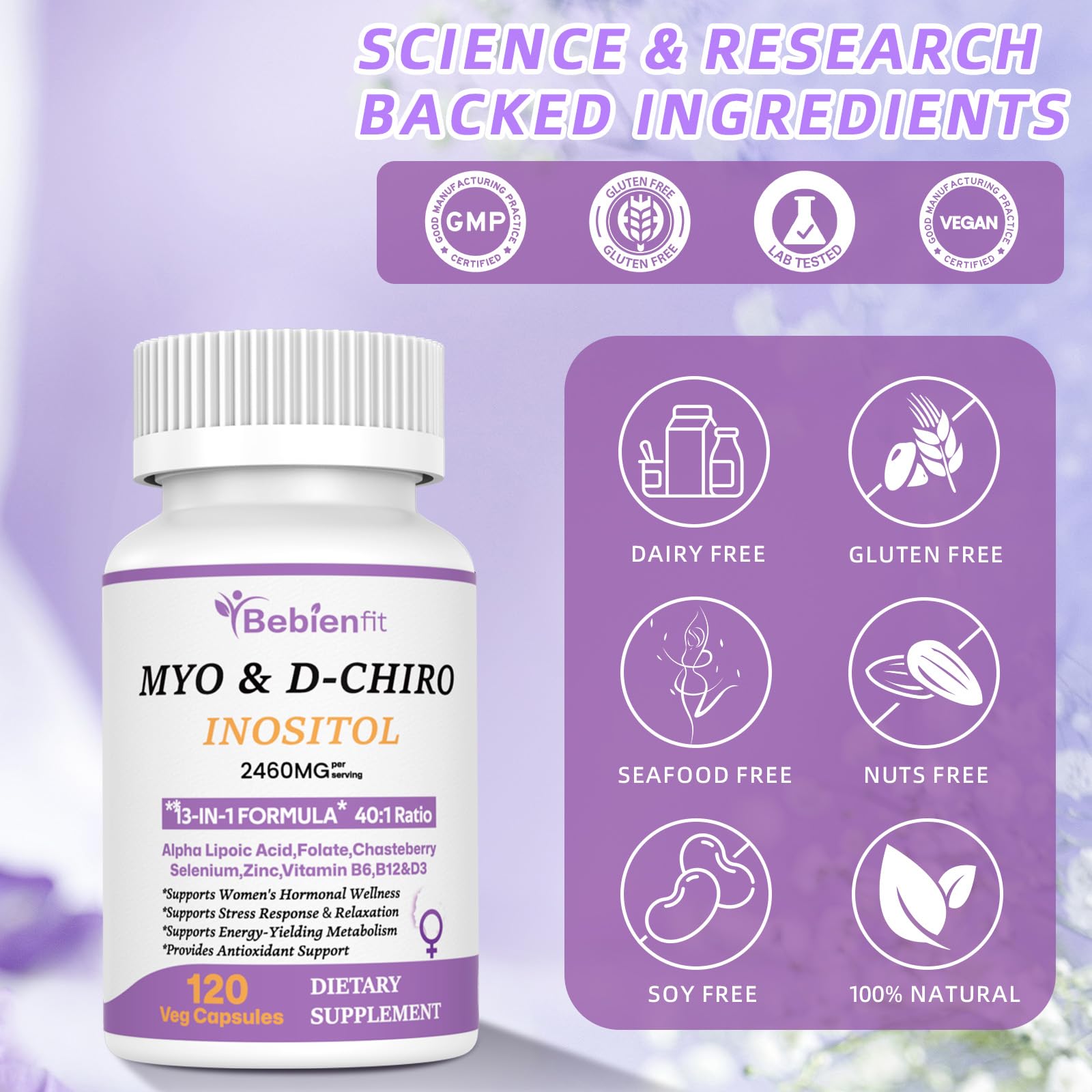13-in-1 Myo-Inositol & D-Chiro Inositol for Women – PCOS, Hormonal Balance, 40:1 Ratio, 120 Veg Caps