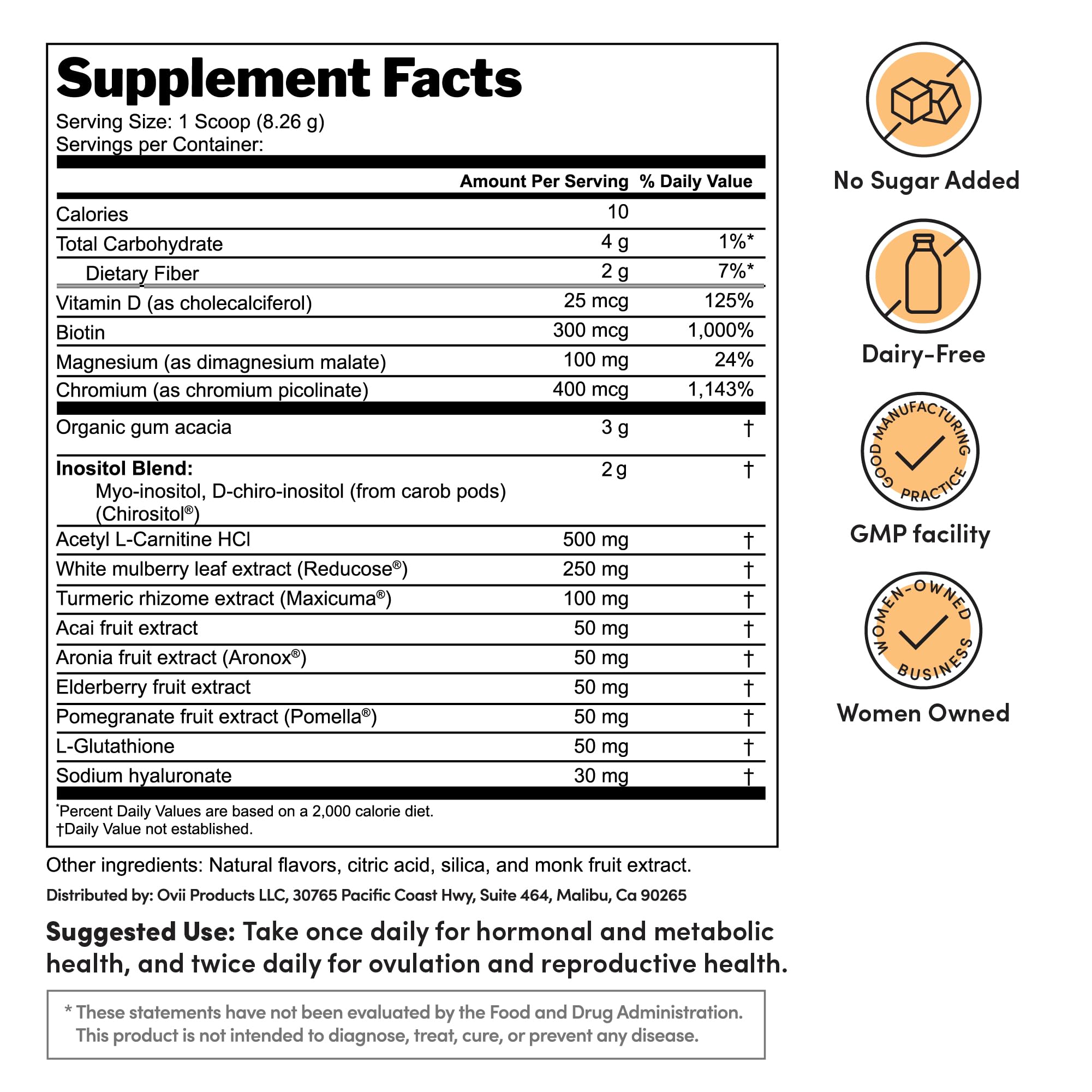 Ovii Ovarian Support for Women – Hormonal & Metabolic Balance (40:1 Myo-Inositol + Reducose) Tropical, 30 Ct