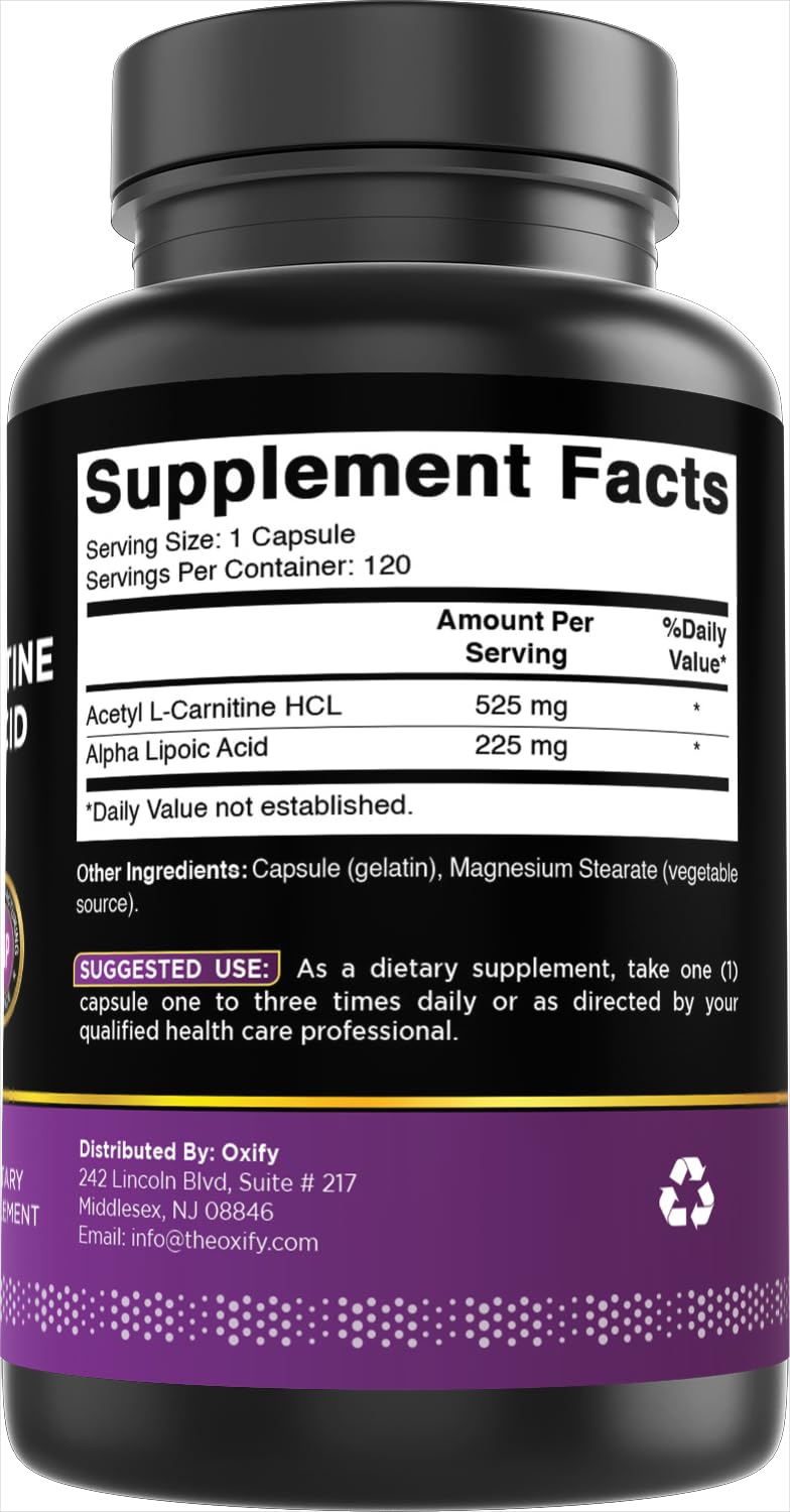 Oxify Acetyl L-Carnitine + Alpha Lipoic Acid 750 mg – 120 Capsules, Gluten-Free, Made in USA