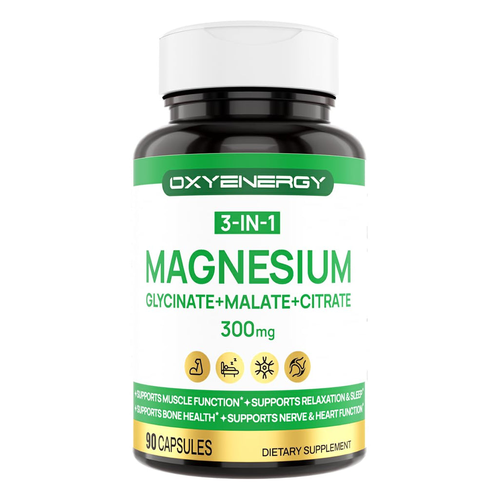 OXYENERGY 3 in 1 Magnesium Complex - 300mg Chelated Triple Magnesium (Glycinate, Malate, Citrate) - Vegan - 90 Capsules