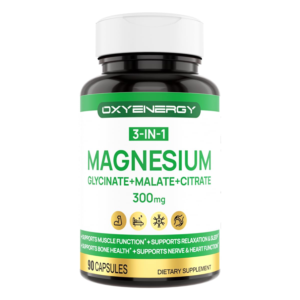 OXYENERGY 3 in 1 Magnesium Complex - 300mg Chelated Triple Magnesium (Glycinate, Malate, Citrate) - Vegan - 90 Capsules