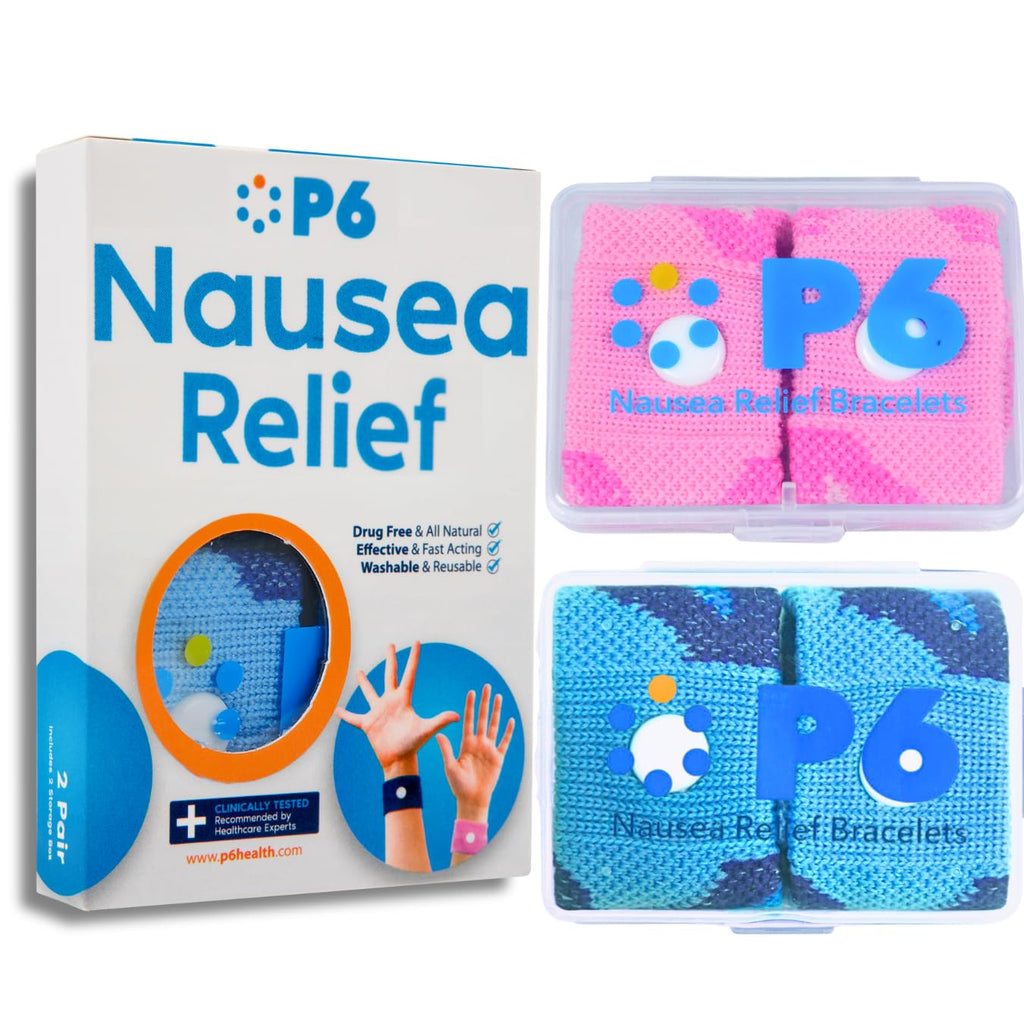P6 Motion Sickness Bands for Adults - 2 Pack Pink & Blue | Non-Drowsy Acupressure Relief