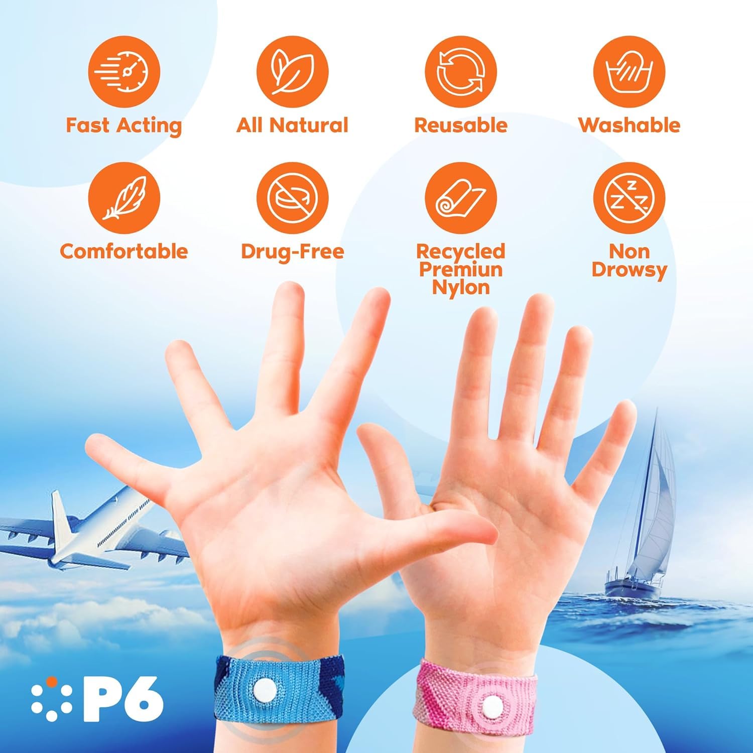 P6 Motion Sickness Bands for Kids - All-Natural Acupressure (2 Pack, Pink/Blue)