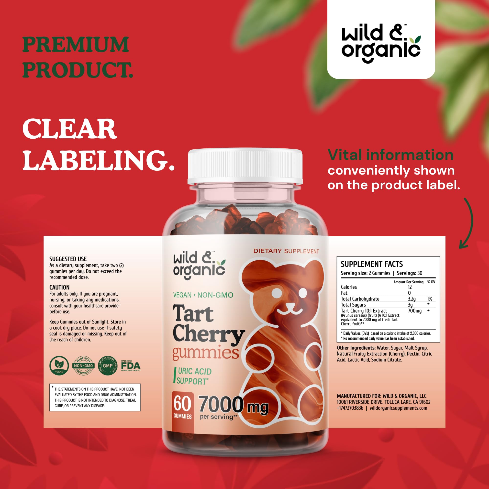 Wild & Organic Tart Cherry Gummies 7000 mg - Tart Cherry Extract for Uric Level Support - 60 Vegan, Non-GMO Chews (Pack of 2)