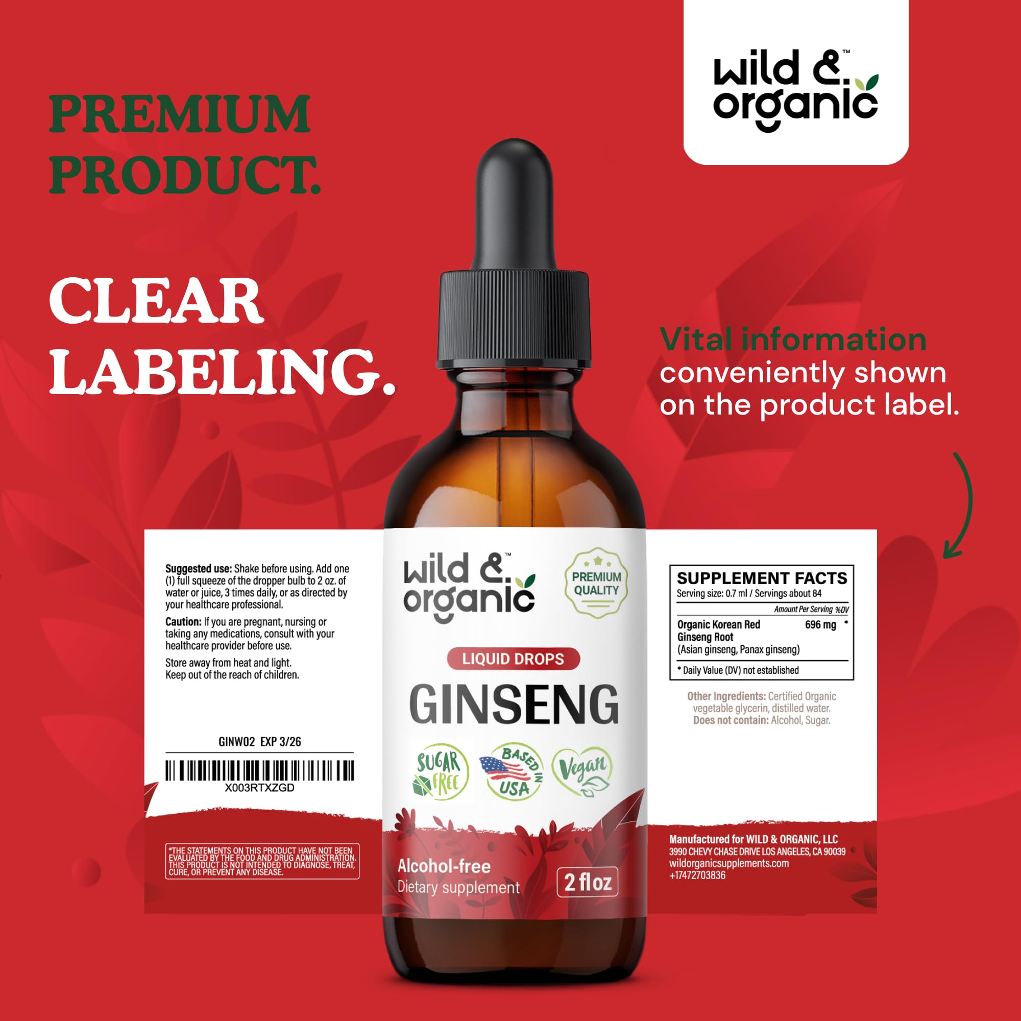 Wild & Organic Korean Red Ginseng Drops - Immune Support | Vegan & Alcohol-Free - 2 fl oz