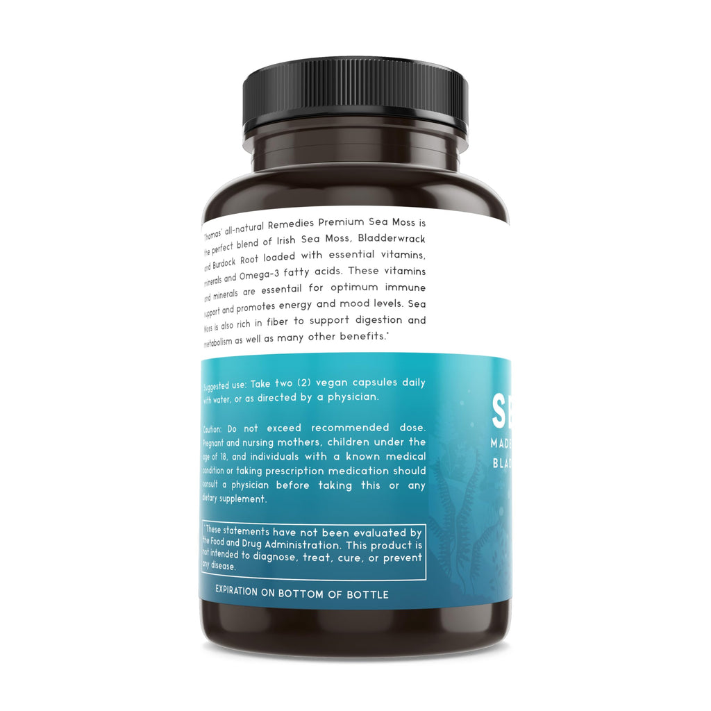 Thomas' All-Natural Irish Sea Moss Capsules with Bladderwrack & Burdock Root – Organic Sea Moss Pills (120)