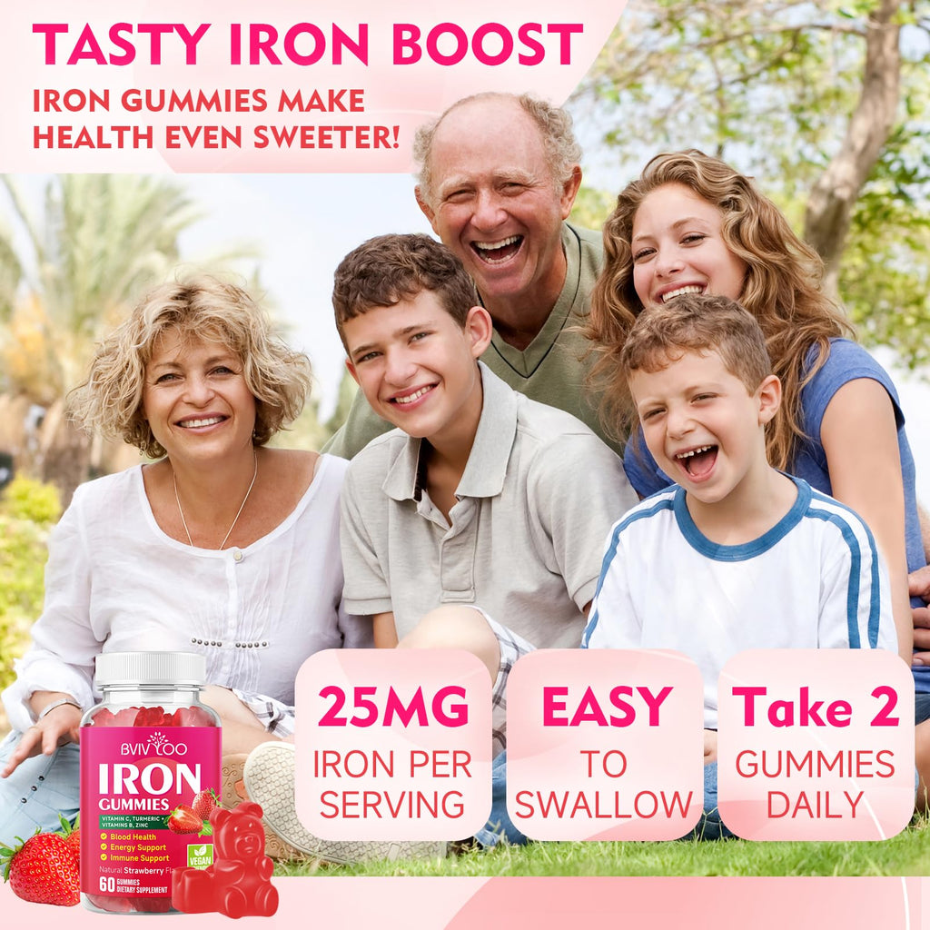 2 Pack Vegan Iron Gummies for Adults & Kids – Vitamin C, B-Complex & Zinc | 120 Gummies