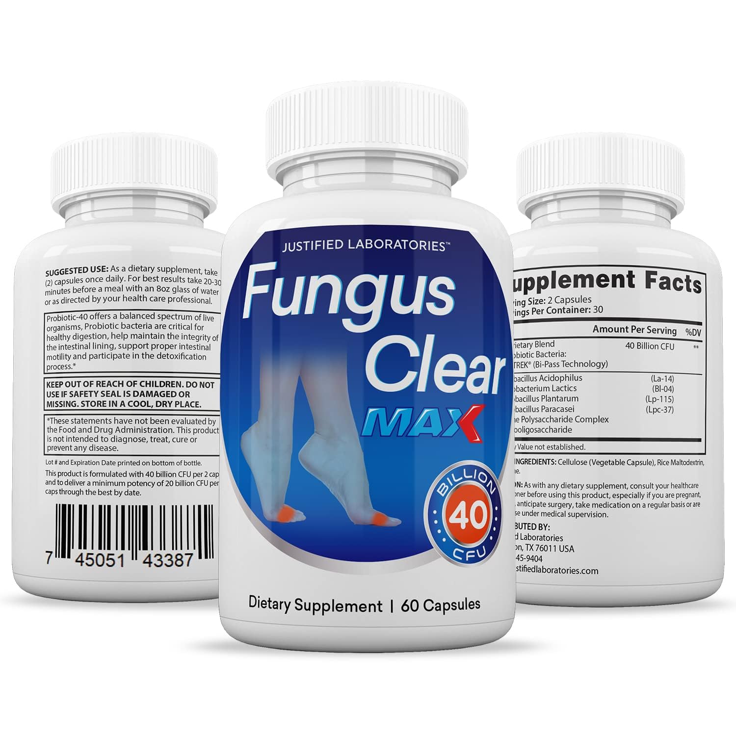 Justified Laboratories Fungus Clear Max Probiotic 40 Billion CFU - 2 Pack, 120 Capsules