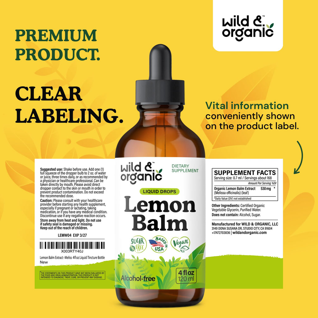 Wild & Organic Lemon Balm Tincture – Mood Support, Melissa Leaf Extract Drops, Vegan, Sugar & Alcohol-Free, 4 fl oz
