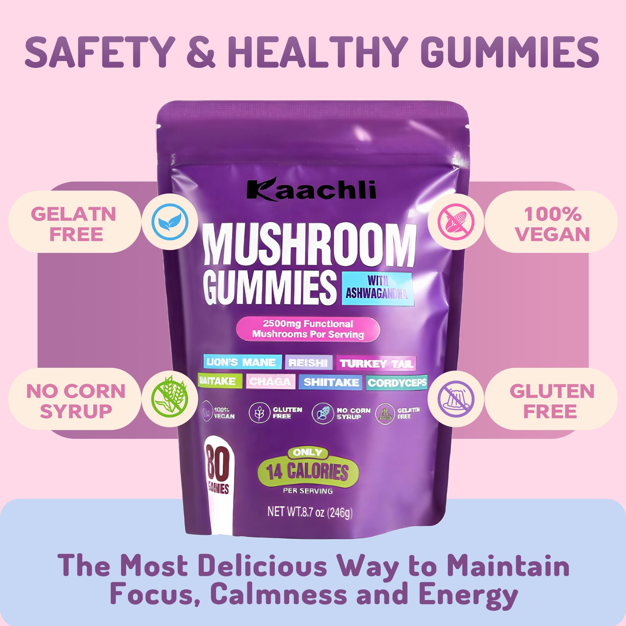 KAACHLI Ashwagandha & 8 Mushroom Blend Gummies 500mg | Focus, Energy & Cognitive Boost – 80 Count