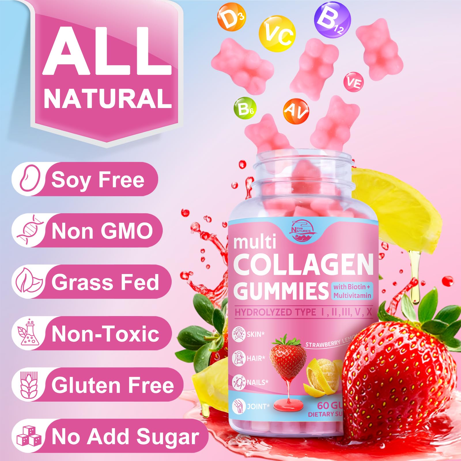 Multi Collagen Peptides Gummies Type I-V, X with Biotin & Hyaluronic Acid – Supports Skin, Hair & Nails | 60 Count, 1 Pack