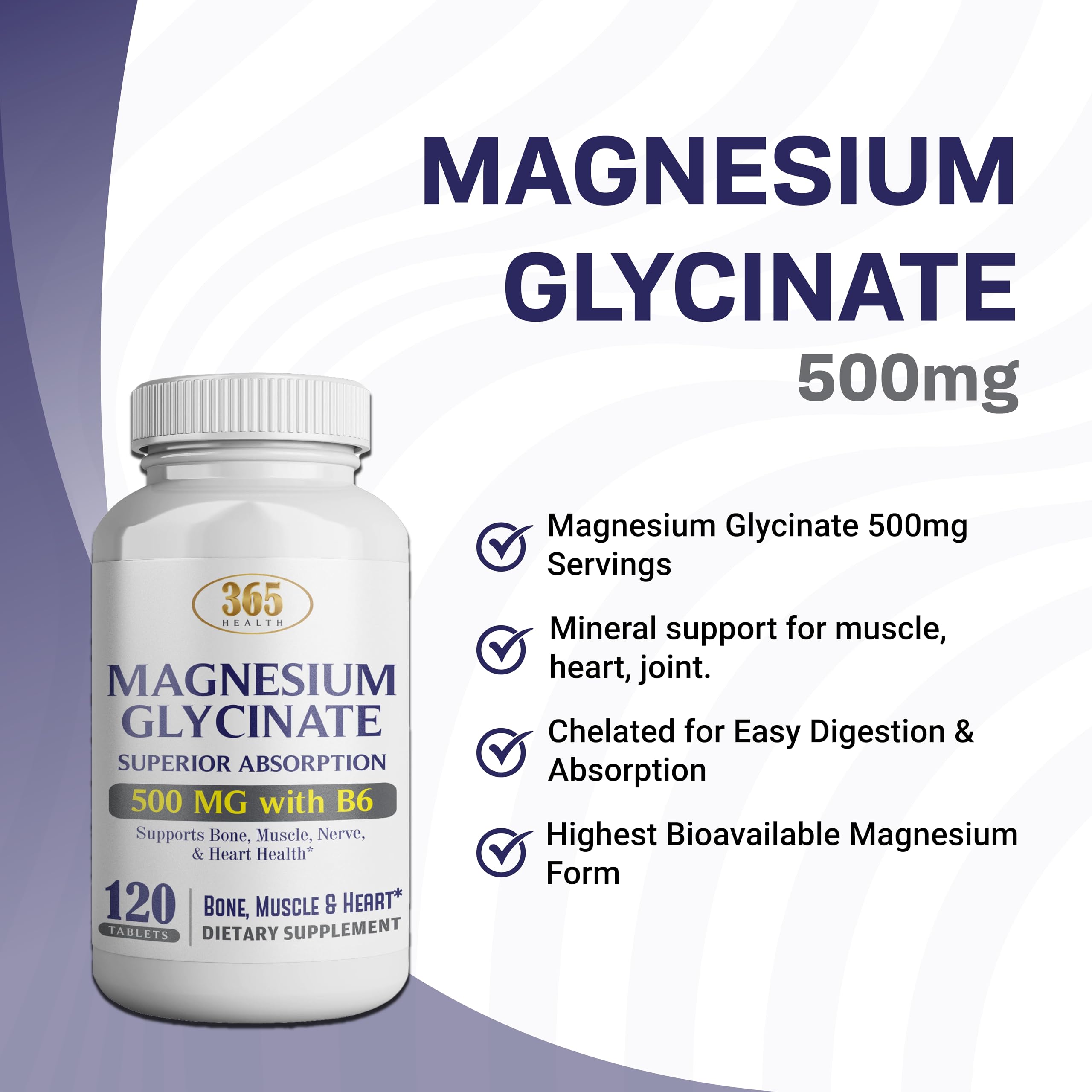 365 Health Magnesium Glycinate 500mg – 120 Vegetarian Tablets | Non-GMO, Gluten Free