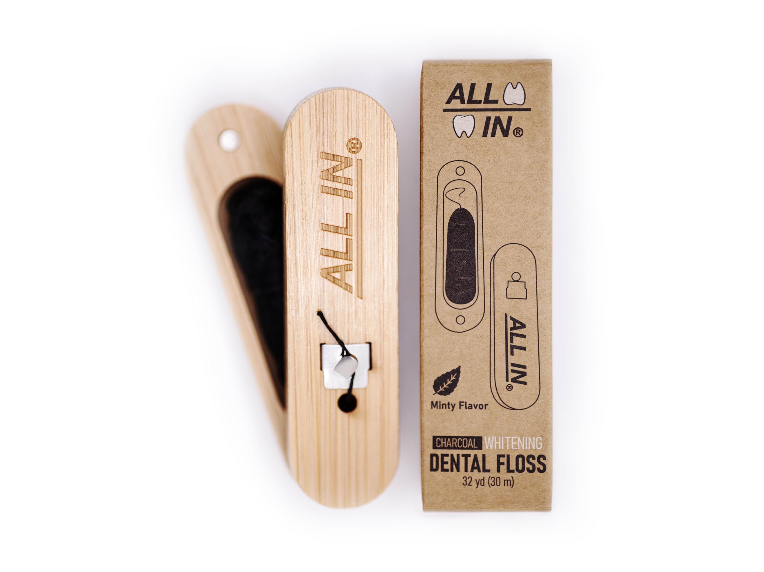 ALL IN Waxed Charcoal Floss with Refillable Holder – Mint, PFAS-Free 32 yd