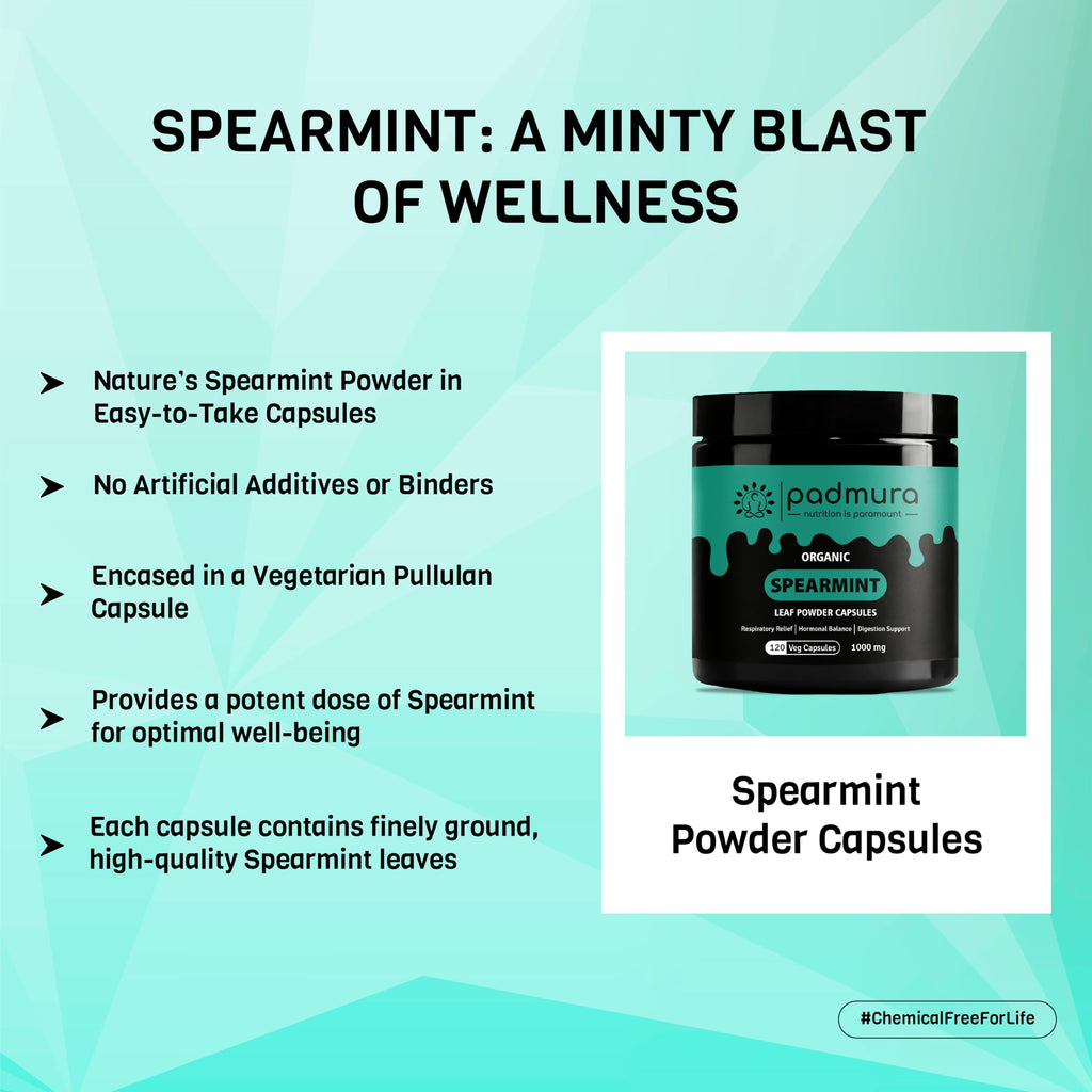 PADMURA Organic Spearmint Powder Capsules 1000mg | USDA Organic Certified | Non GMO | Gluten Free | Vegan - 120 Veg Capsules