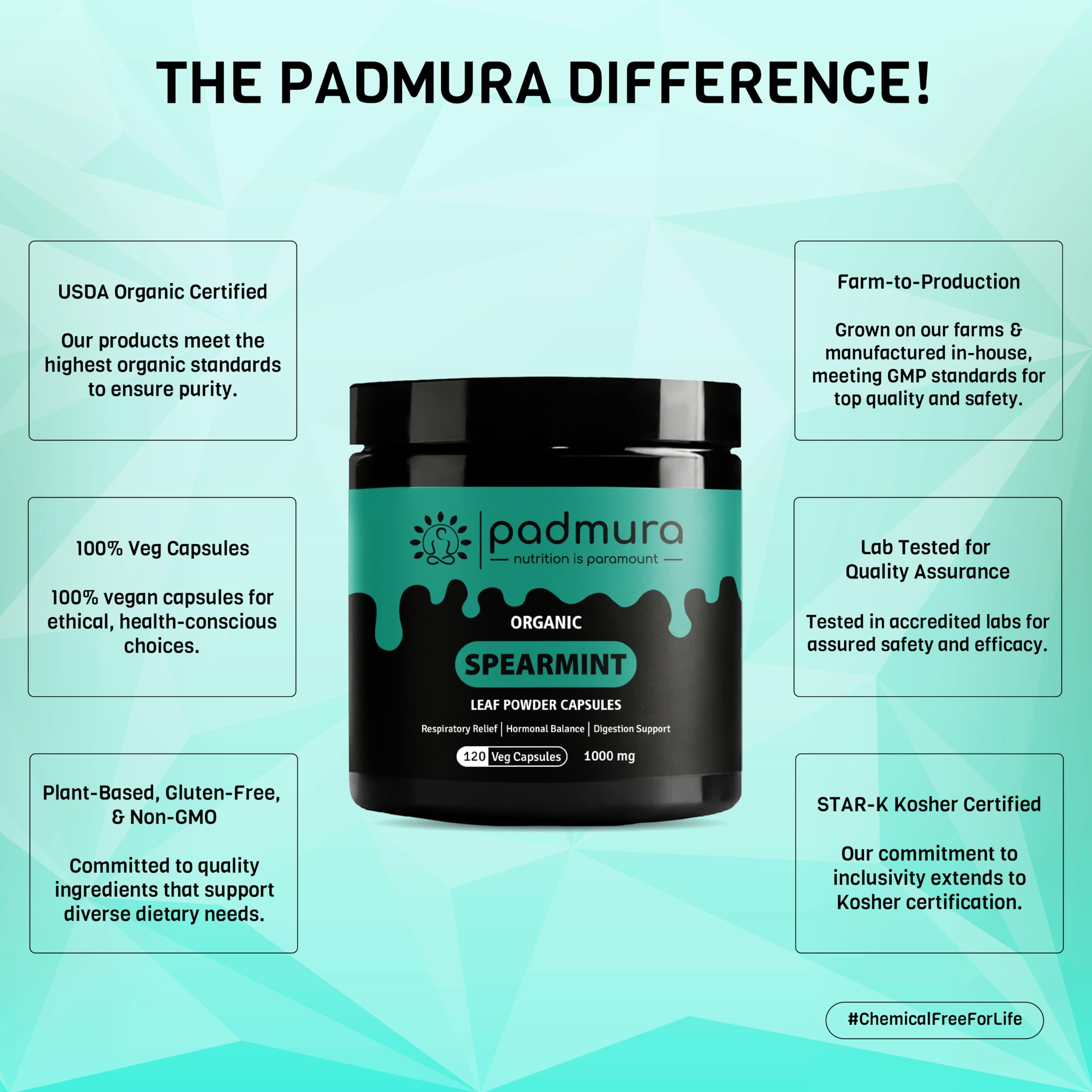 PADMURA Organic Spearmint Powder Capsules 1000mg | USDA Organic Certified | Non GMO | Gluten Free | Vegan - 120 Veg Capsules