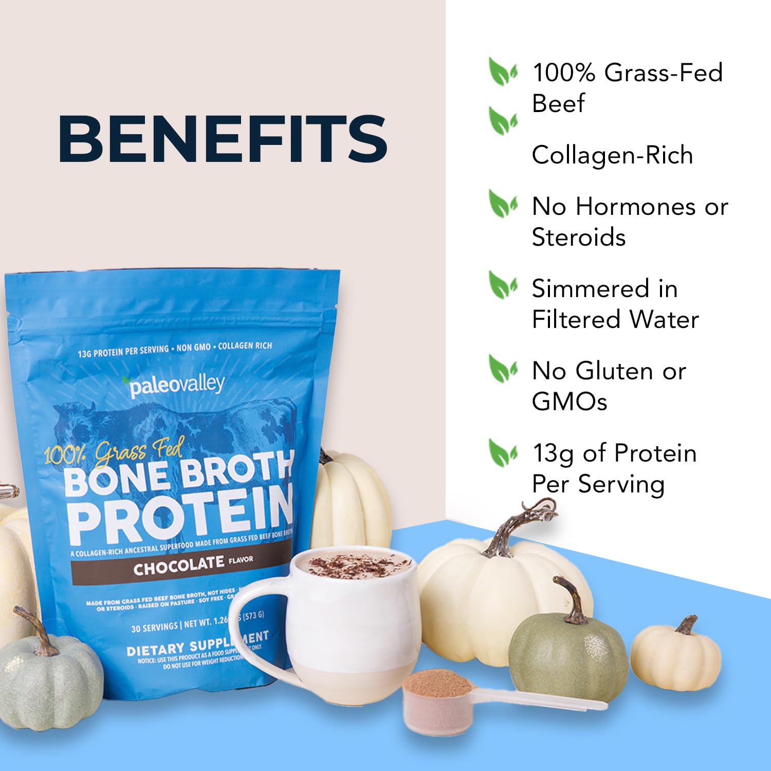 Paleovalley Grass-Fed Bone Broth Protein Powder, Chocolate – 15g Protein