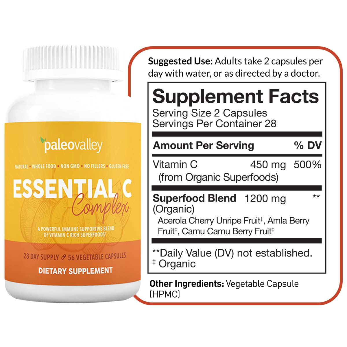 Paleovalley Essential C Complex — Organic Vitamin C for Immune Support | 3 Pack, 450 mg, USA Made