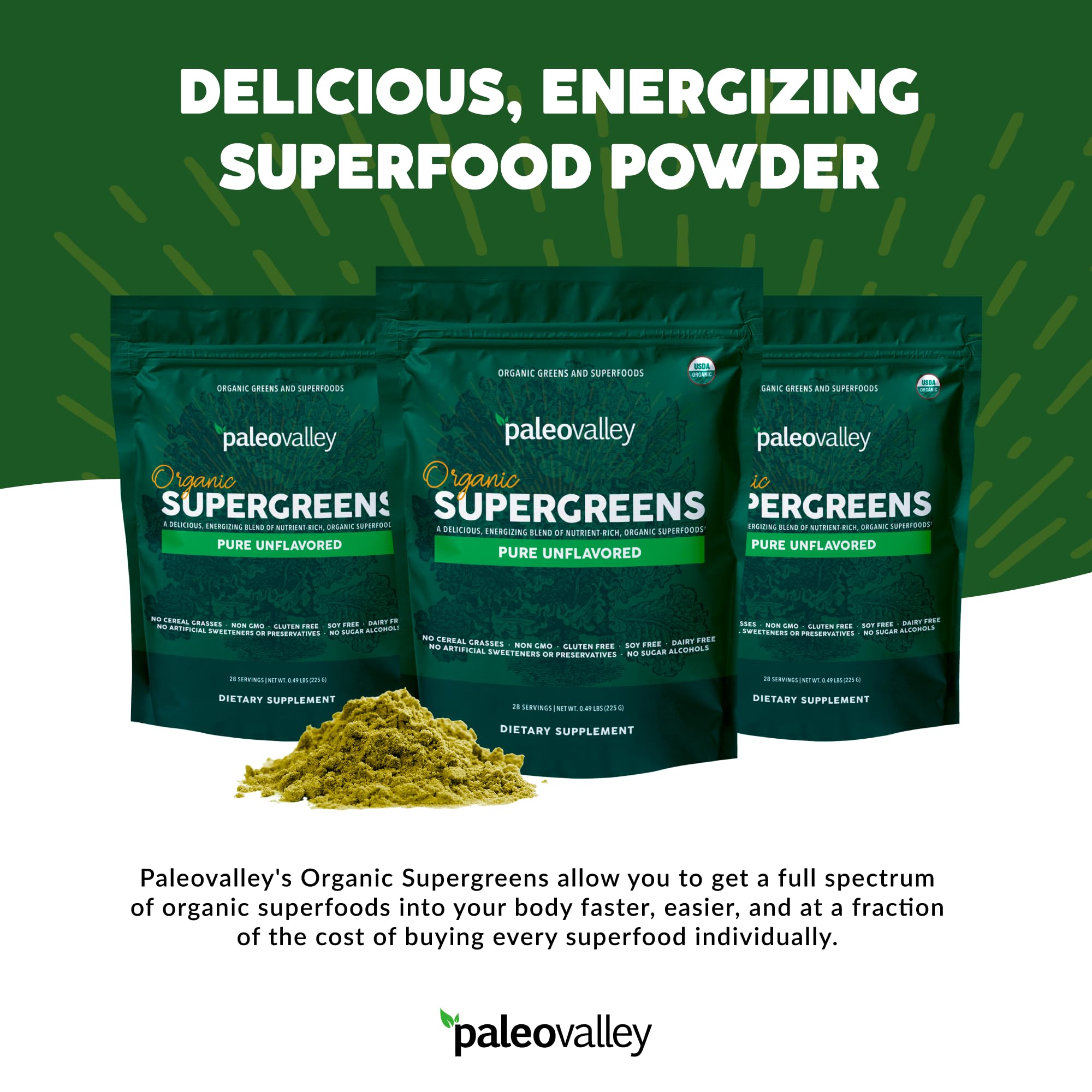 Paleovalley Organic Supergreens Powder - 23 Superfoods, No Cereal Grasses, 30 Servings