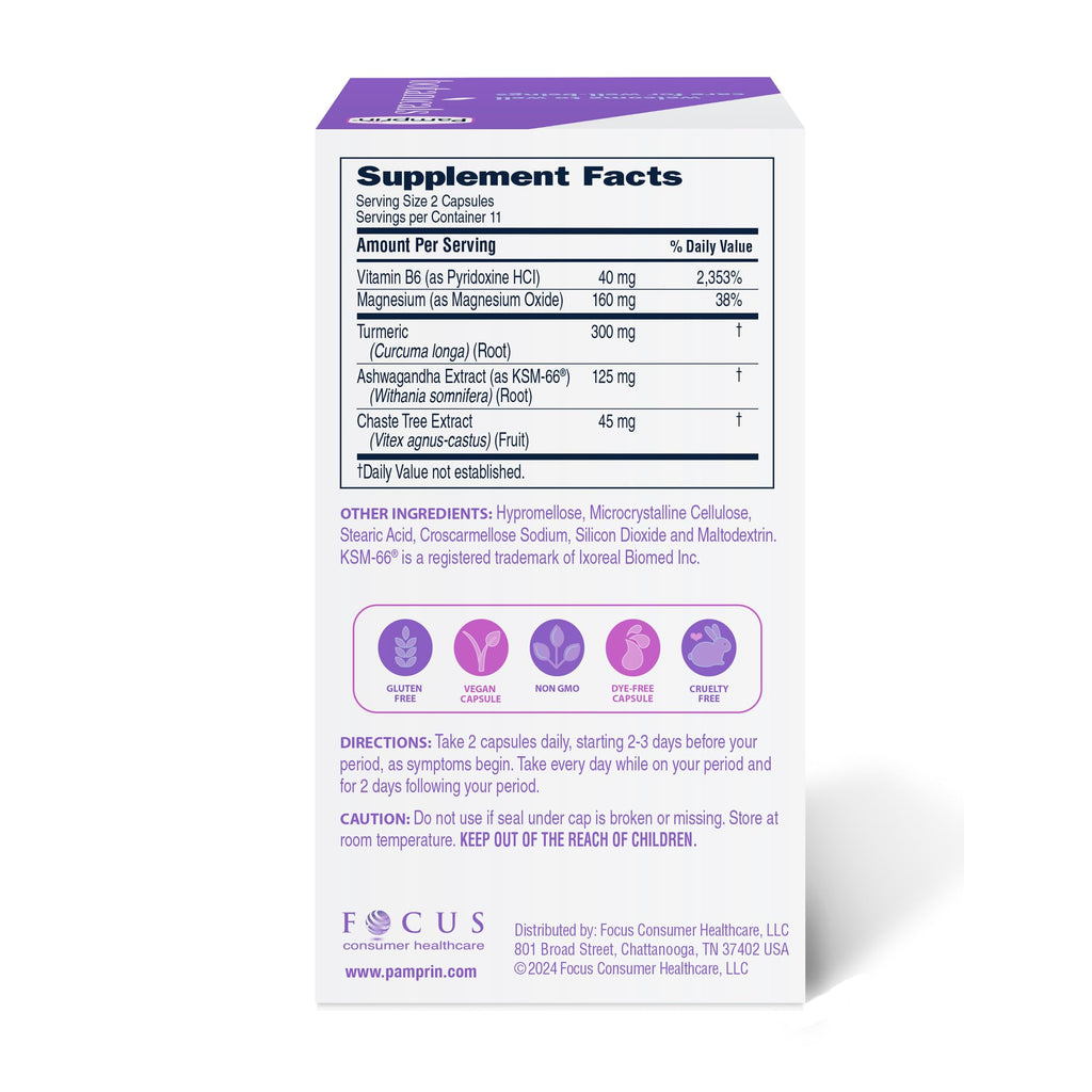 Pamprin Botanicals PMS Support – Ashwagandha, Magnesium, Turmeric, B6, Chasteberry (22 Count)