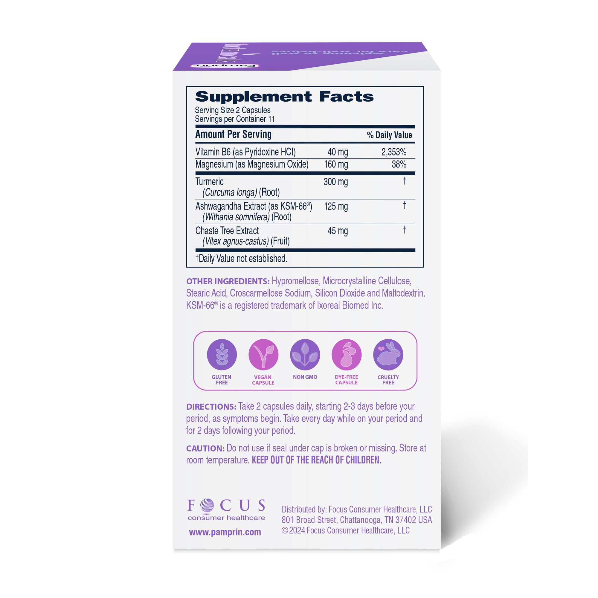 Pamprin Botanicals PMS Support – Ashwagandha, Magnesium, Turmeric, B6, Chasteberry (22 Count)