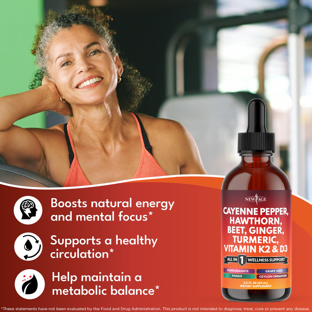 Cayenne Pepper Liquid Drops with Hawthorn Berry, D3 K2, Beet Root Powder, Cinnamon, Turmeric & Ginseng - 2oz