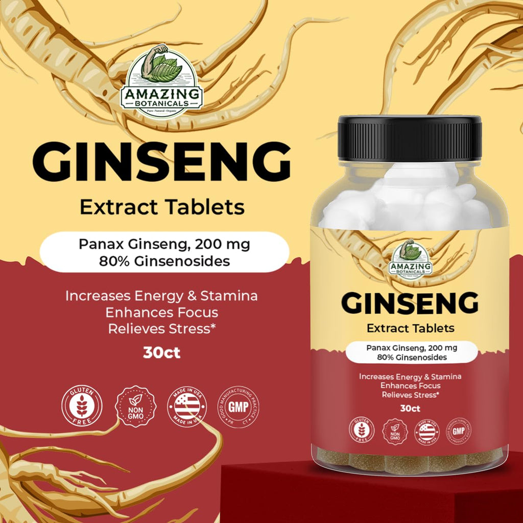 Amazing Botanicals Panax Ginseng Extract Tablets - 200mg, 80% Ginsenosides - Energy & Focus - 30 Tablets
