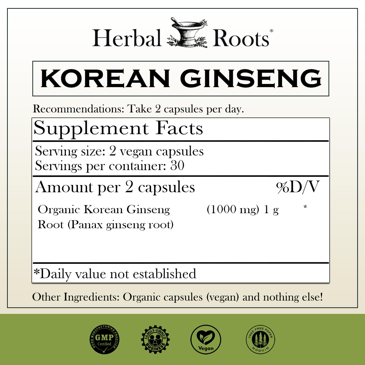 Herbal Roots Panax Ginseng | Organic Korean Ginseng Root Powder 1000mg | High Ginsenosides for Energy & Performance | 60 Vegan Capsules