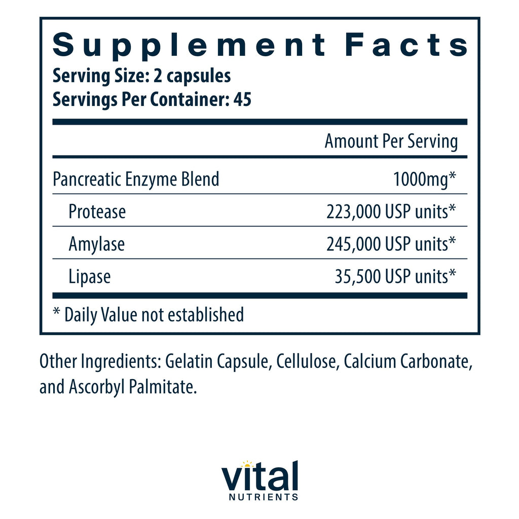 Vital Nutrients Pancreatic Enzymes 1000mg – Full Strength Digestive Enzymes (Protease, Amylase, Lipase) | Gluten, Dairy & Soy Free | 90 Capsules