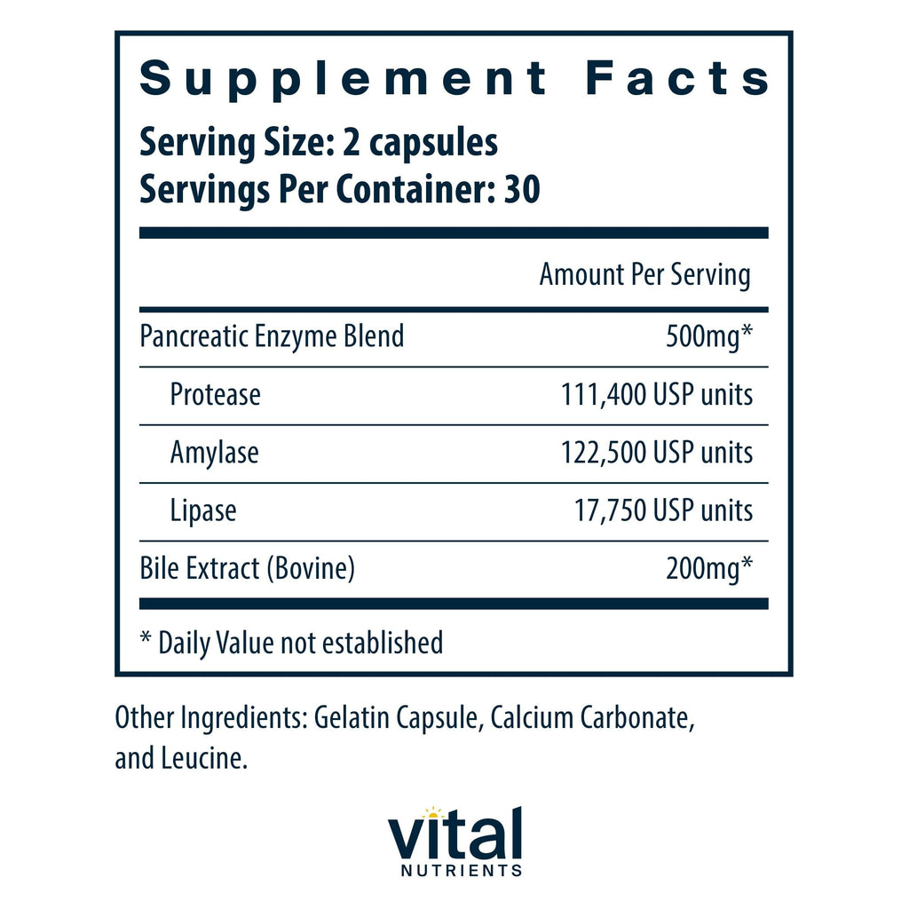 Vital Nutrients Pancreatin & Ox Bile Extract 500mg | Digestive Enzymes 60 Capsules