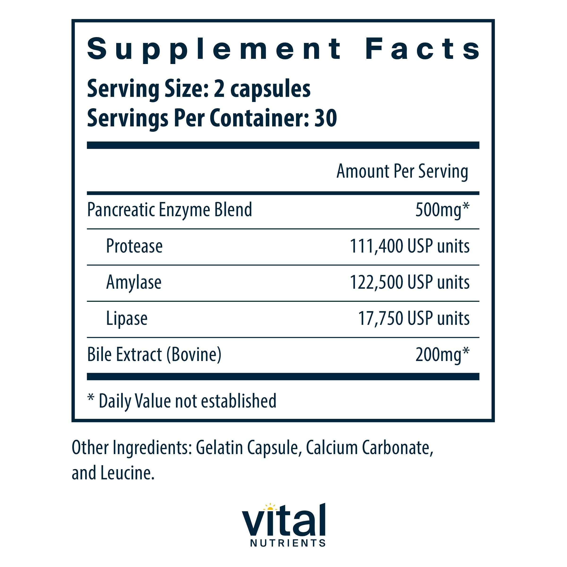 Vital Nutrients Pancreatin & Ox Bile Extract 500mg | Digestive Enzymes 60 Capsules