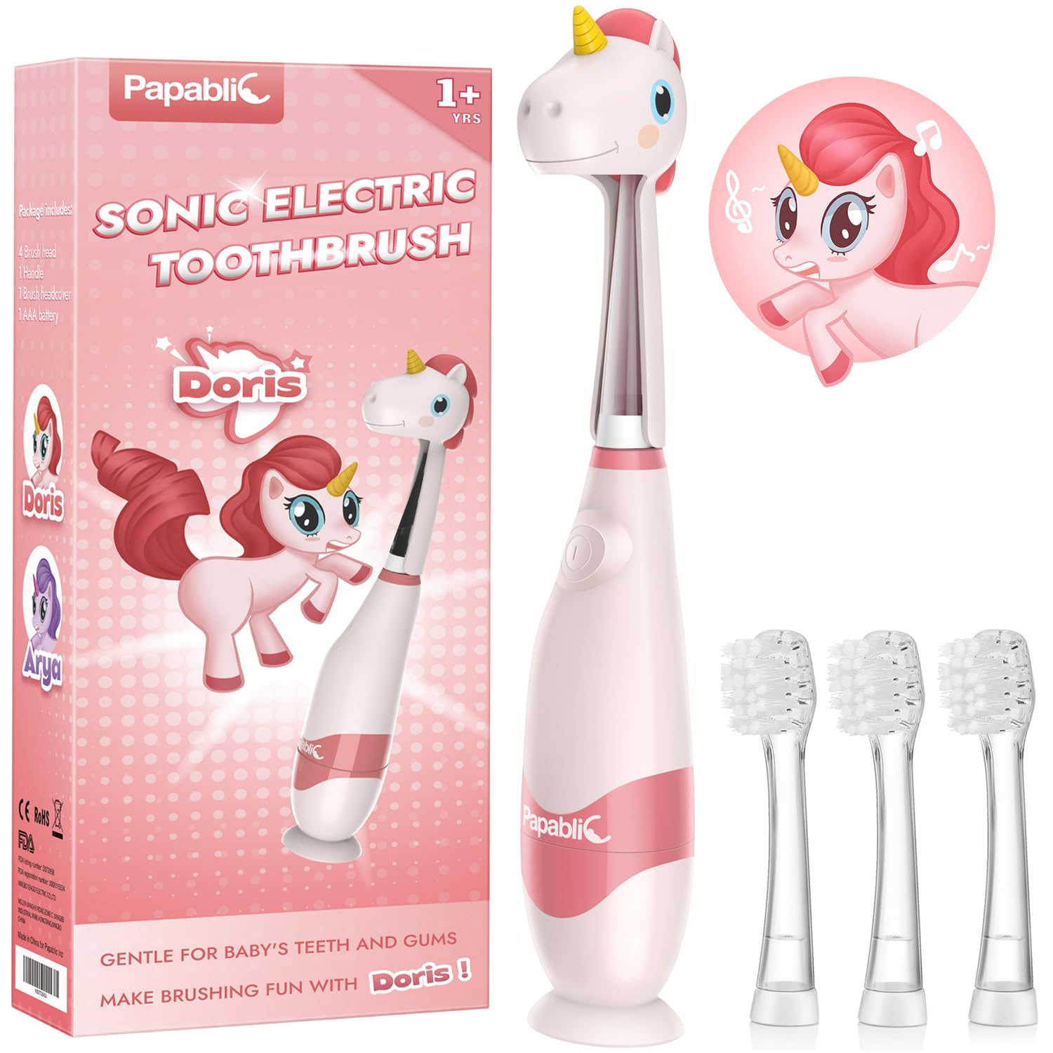 Papablic Doris Toddler Sonic Toothbrush for Ages 1–3 | Unicorn Cover, LED Timer