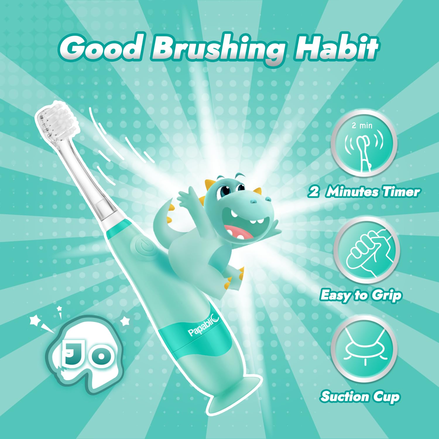 Papablic Jo Toddler Sonic Electric Toothbrush (Ages 1-3) – Dino Cover, 4 Brush Heads, LED Timer