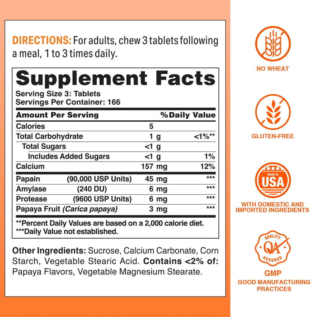 Vitamin World Papaya Enzymes Chewables – Papain, Amylase & Protease (500 Tablets)