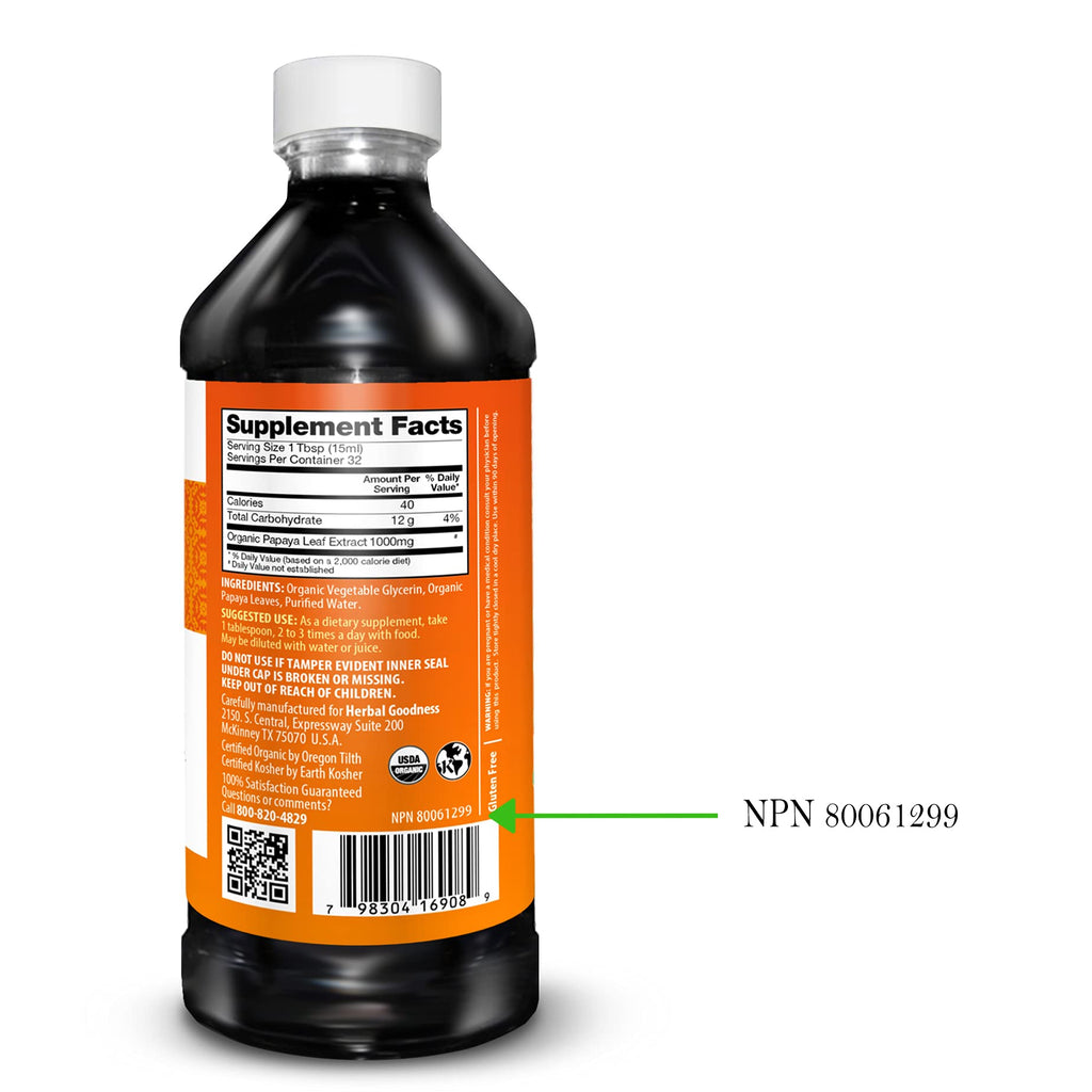 Herbal Goodness Papaya Leaf Extract 15X Platelet Support – Organic 16 oz Liquid