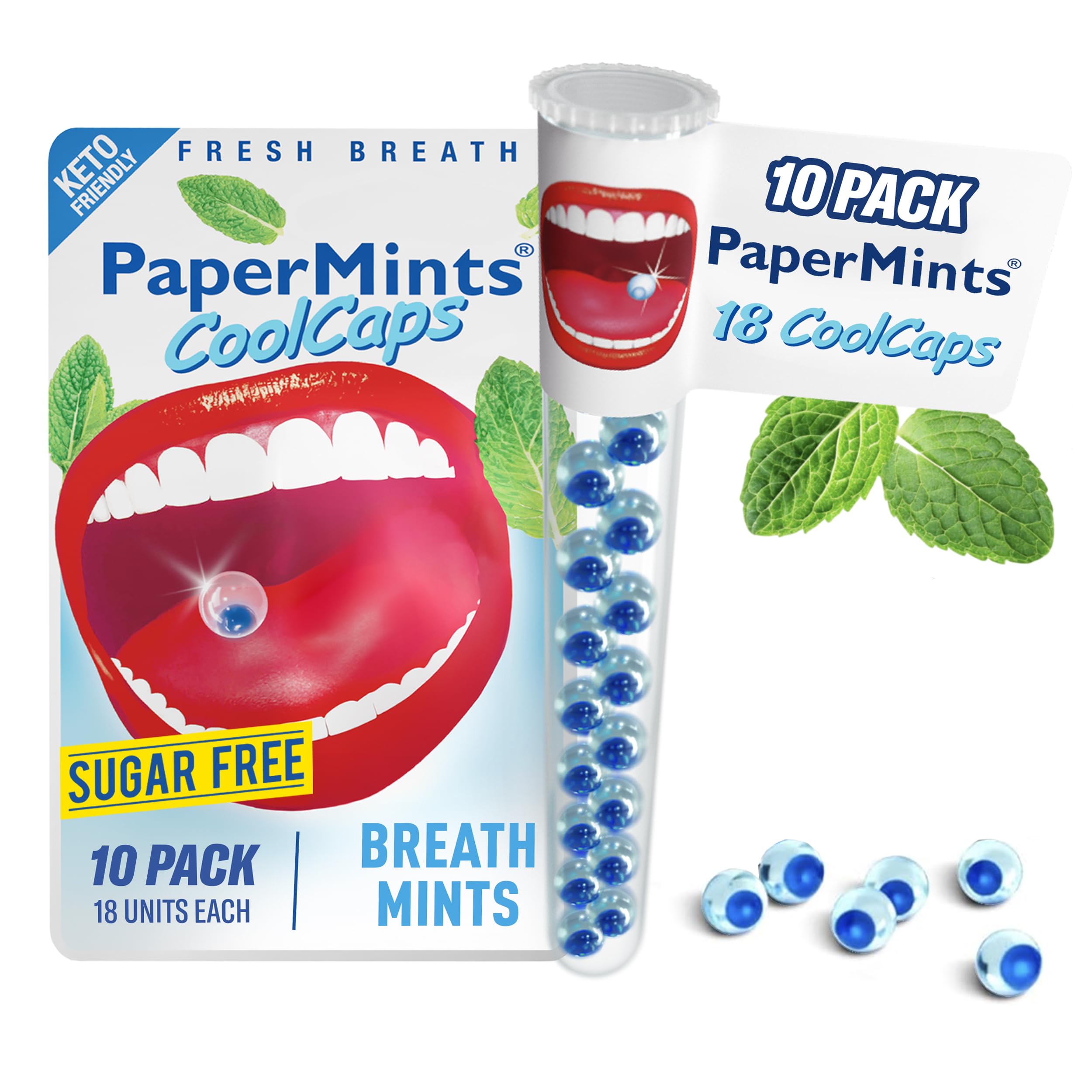 PaperMints CoolCaps Instant Fresh Breath Mints - Sugar-Free, 10 Tubes (18 capsules each) Keto-Friendly Peppermint