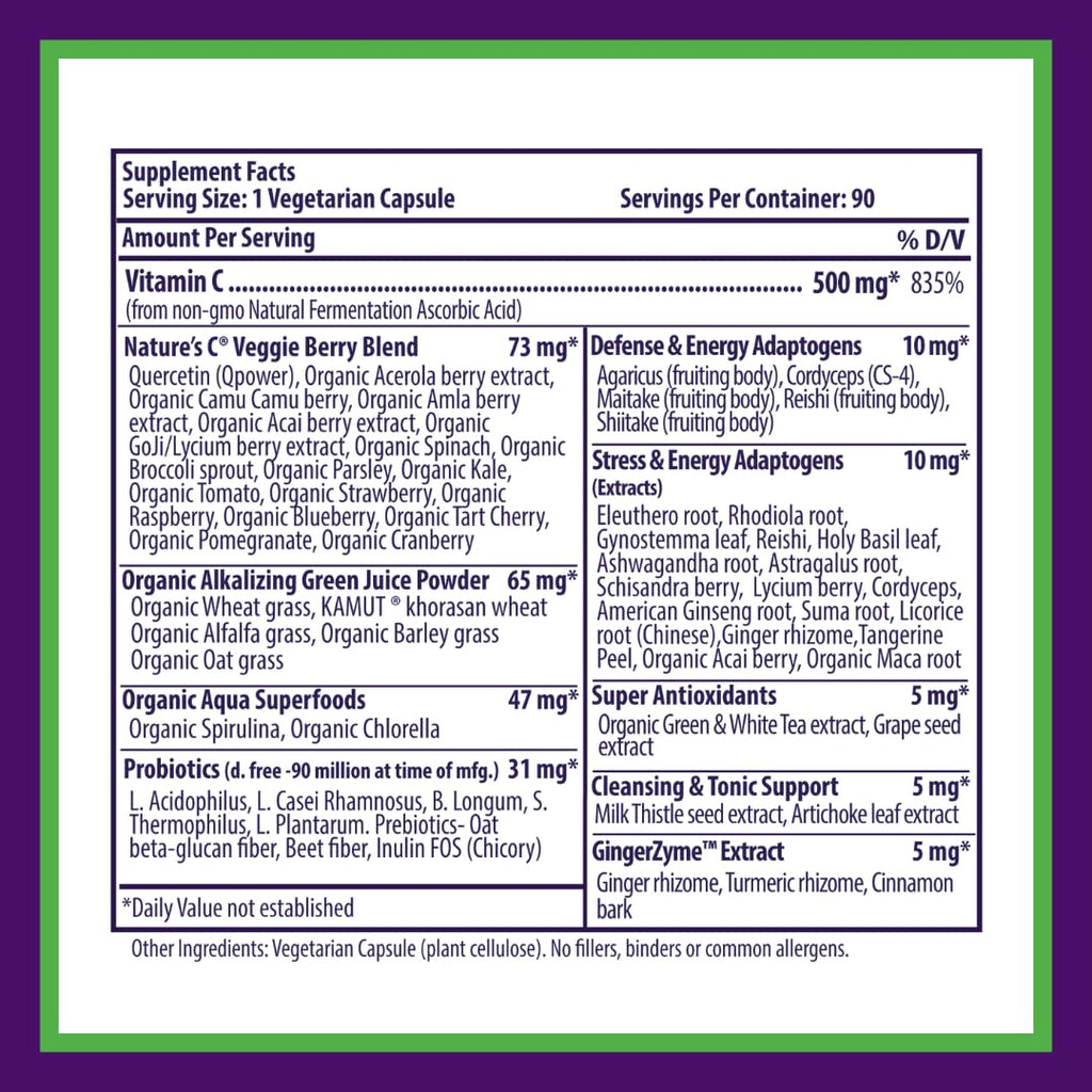 Paradise Earth's Blend Vitamin C with Adaptogens & Organic Greens | 90 Vegetarian Capsules