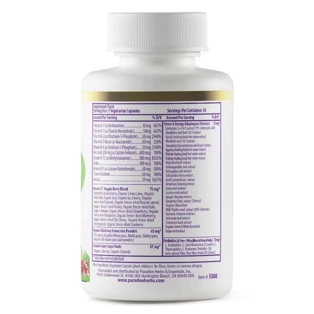 Paradise Herbs Earth's Blend B-Complex | Methylated B Vitamins + Superfoods (60 Caps, Pack of 2)