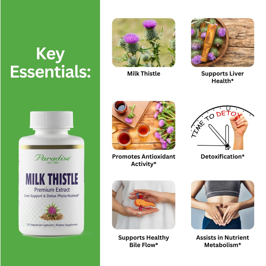 Paradise Herbs Milk Thistle – Active Whole Spectrum Extract, 120 Vegan Capsules