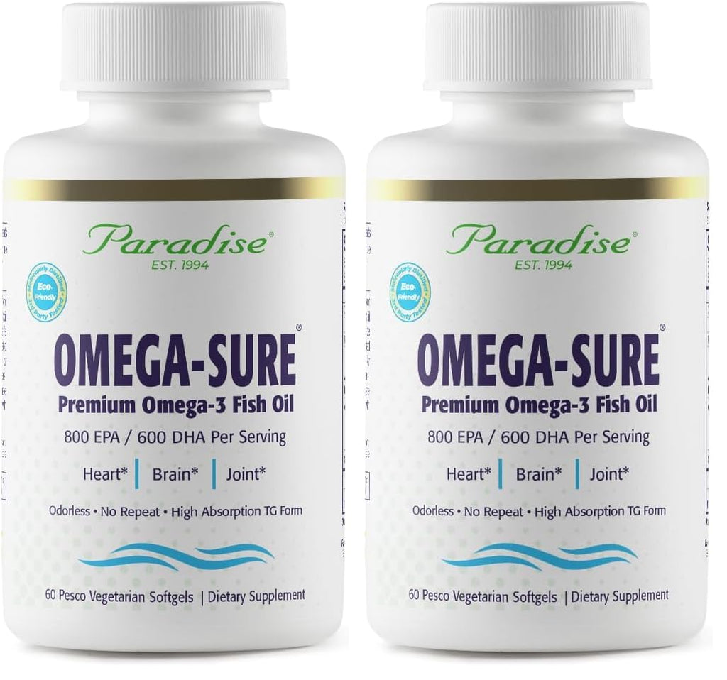 Paradise Herbs Omega-Sure Omega-3 Concentrate | Vegan Fish Oil, DHA & EPA, Gluten Free, 60 Softgels (Pack of 2)