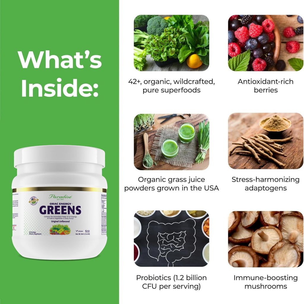 Paradise Herbs ORAC Energy Greens Powder Extract | Super Antioxidants & Probiotics for Gut Health | 60 Servings