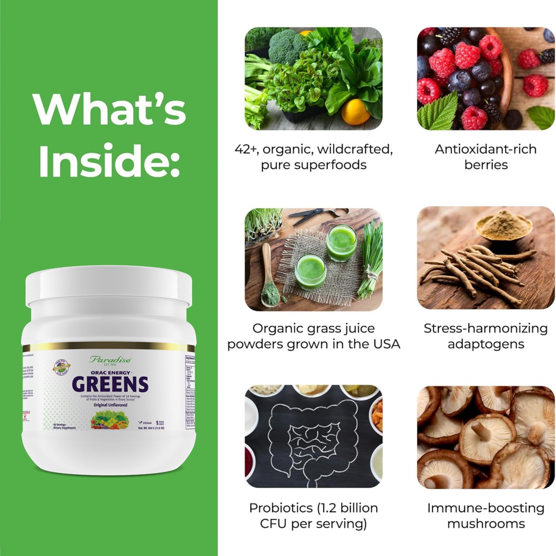 Paradise Herbs ORAC Energy Greens Powder Extract | Super Antioxidants & Probiotics for Gut Health | 60 Servings