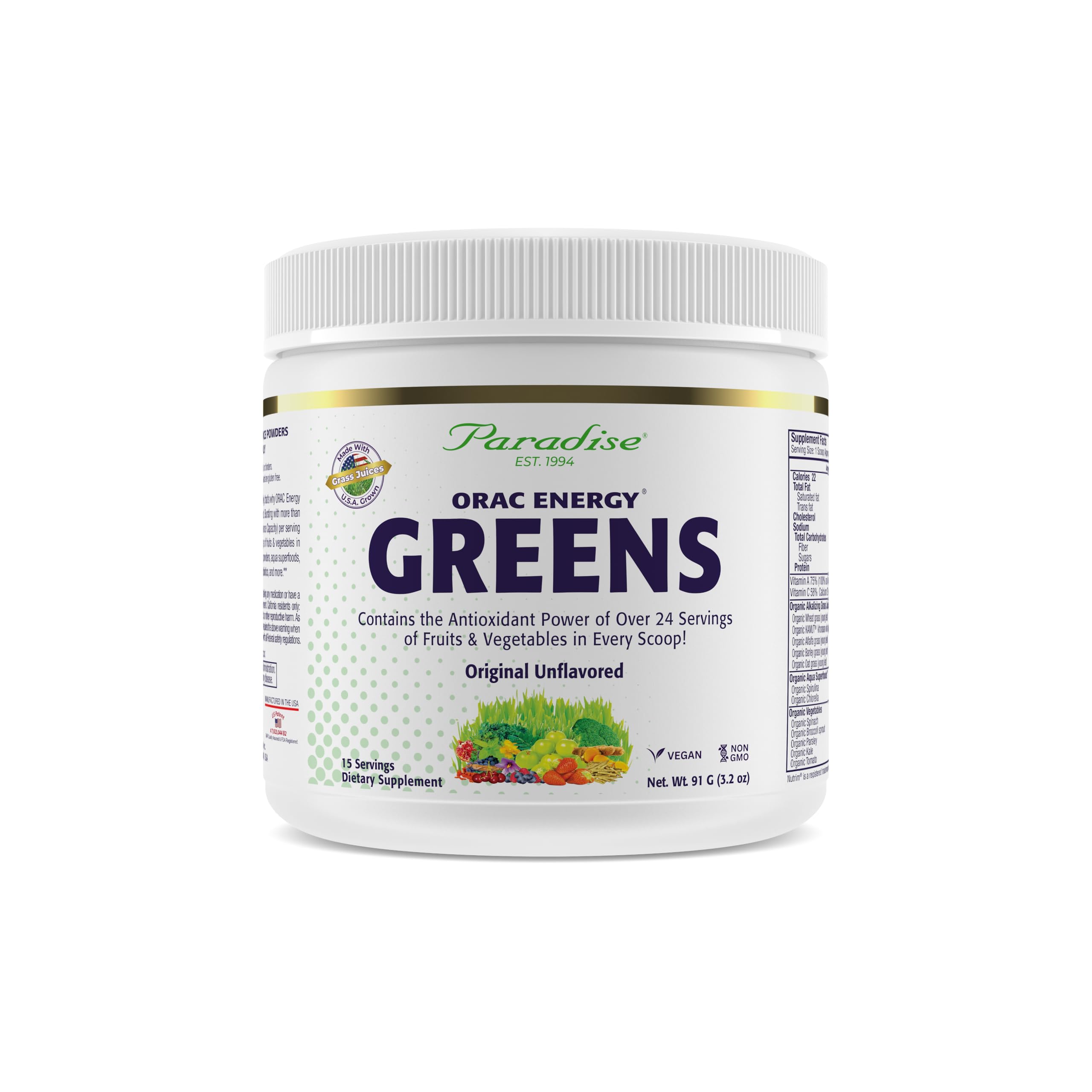 Paradise Herbs ORAC Energy Greens Powder | Antioxidant Power of 24 Fruits & Veggies per Scoop | 15 Servings