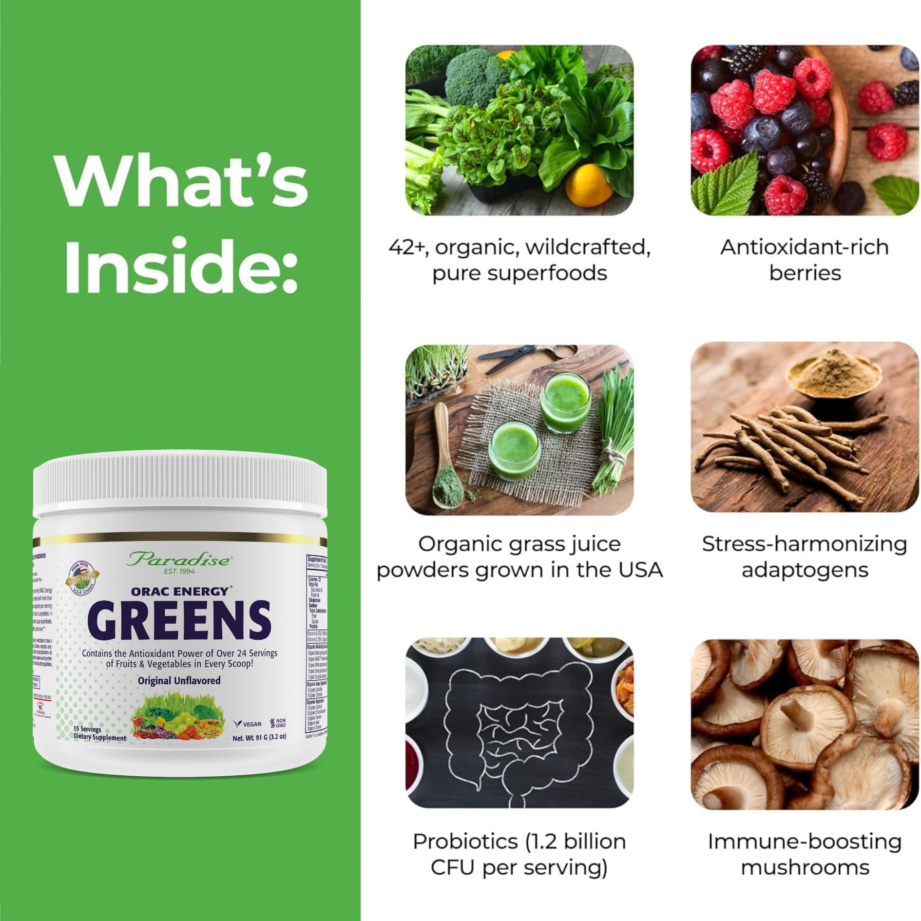 Paradise Herbs ORAC Energy Greens Powder | Antioxidant Power of 24 Fruits & Veggies per Scoop | 15 Servings