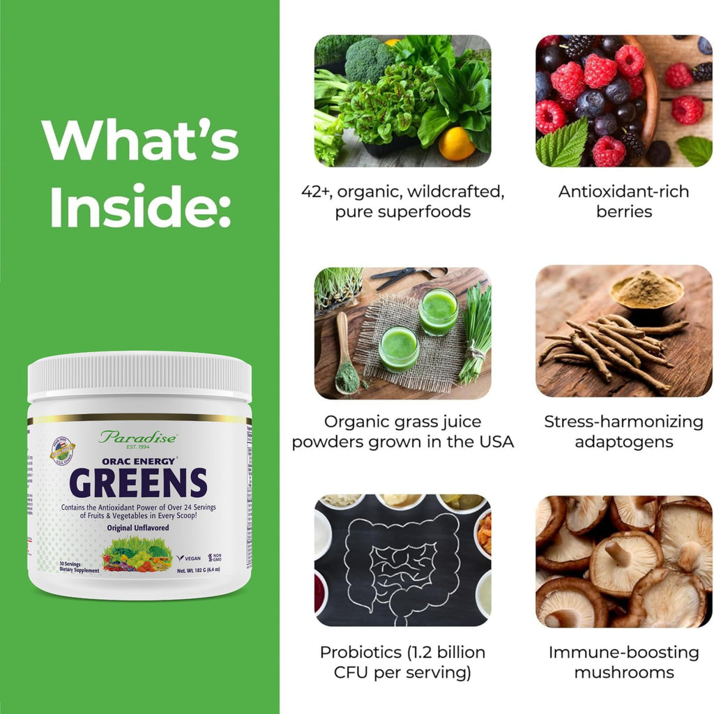 Paradise, ORAC Energy Greens Powder Extract, Super Antioxidants, Probiotics for Gut Health & Digestion, Vitamin C for Immunity, with Spirulina & Chlorella, Non-GMO, Gluten Free, 30 Servings