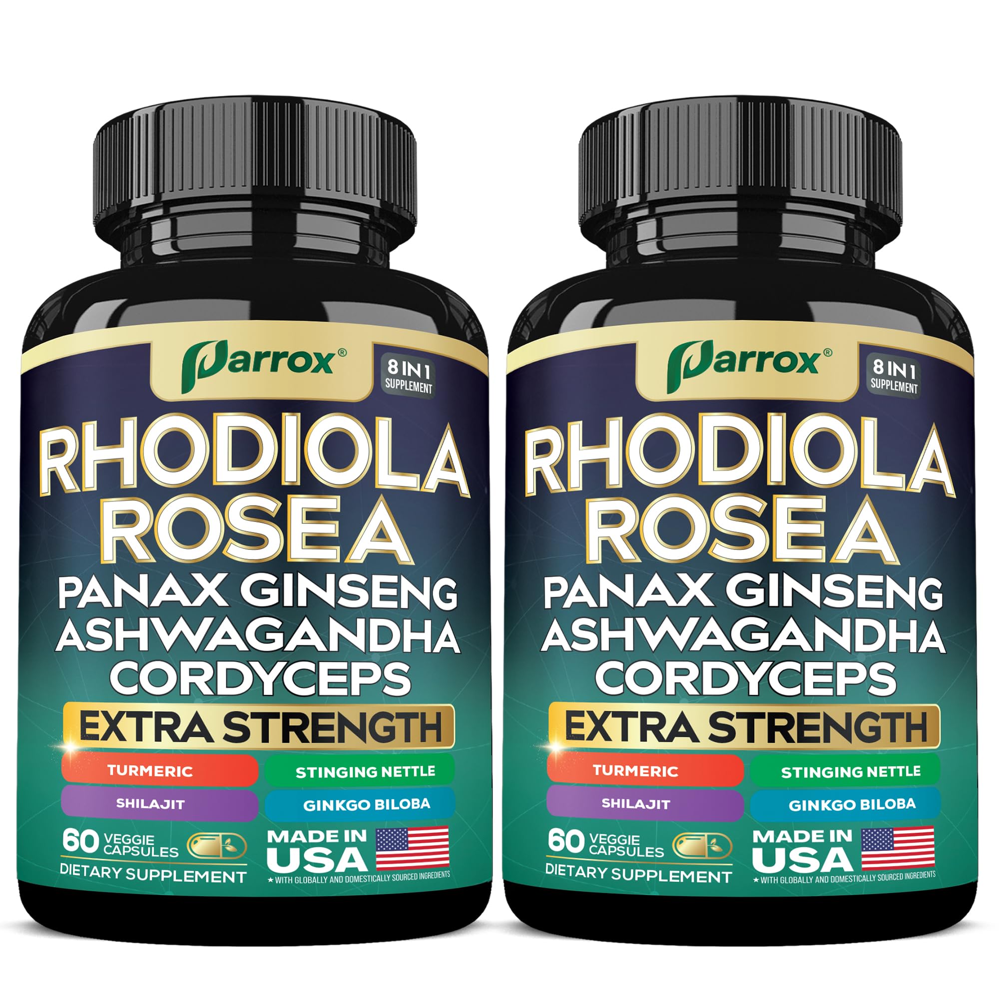 Parrox Rhodiola Rosea 8-in-1 Adaptogen Blend – 2 Pack | Panax Ginseng, Ashwagandha, Cordyceps, Turmeric