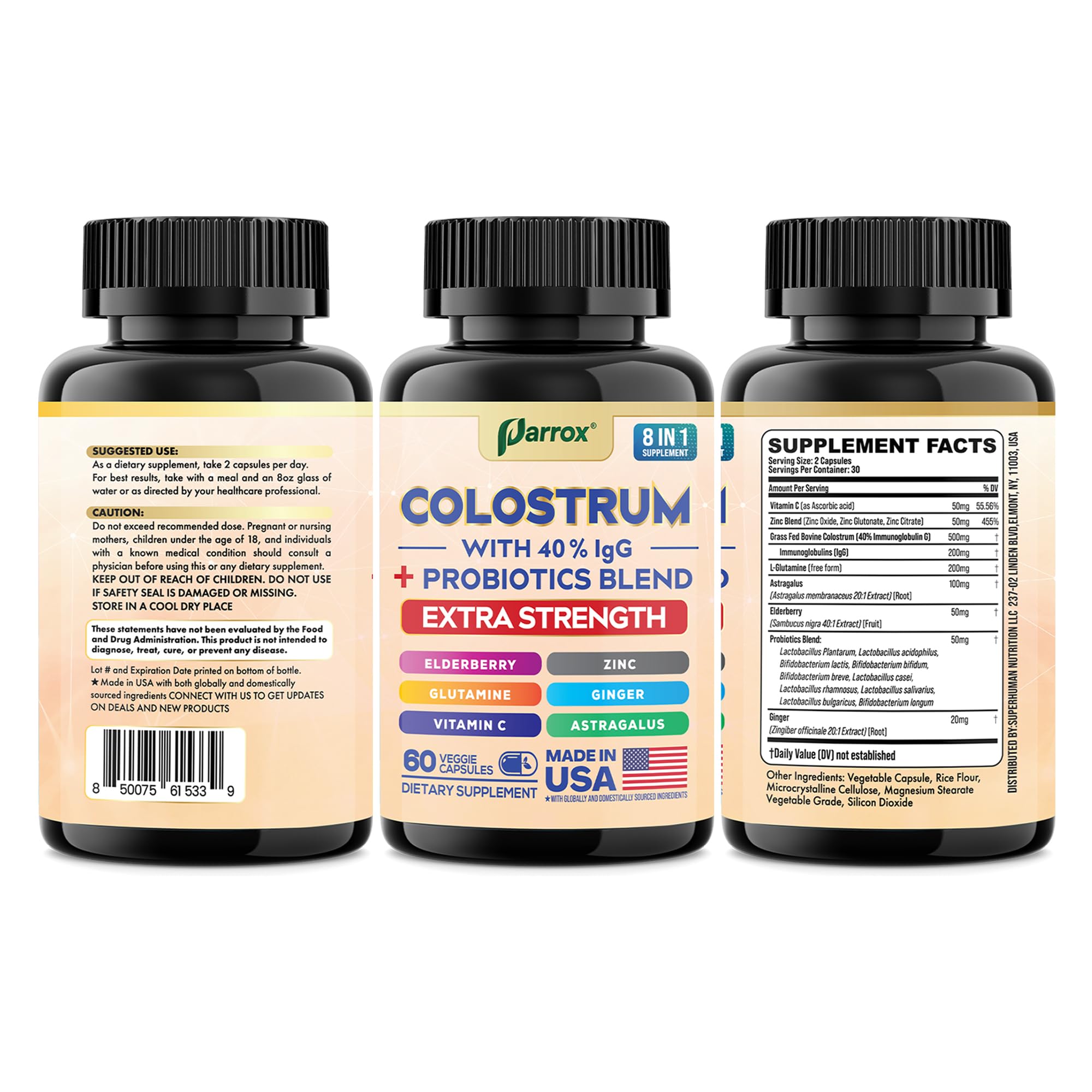 Parrox Colostrum Capsule – Grass-Fed 40% IgG, 8-in-1 Probiotic Wellness (180 Caps)