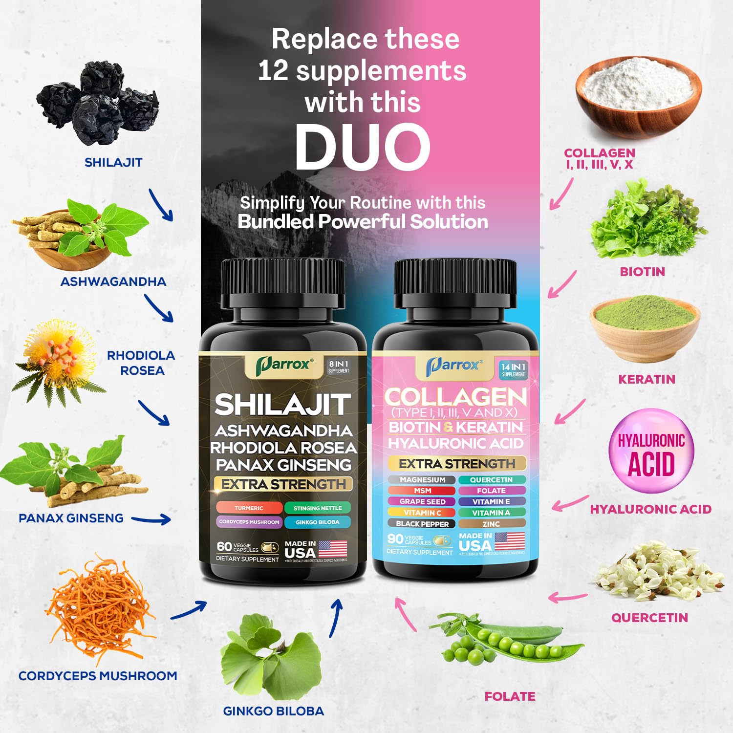 Parrox Adaptogen & Beauty Bundle – Rhodiola, Panax Ginseng, Ashwagandha, Cordyceps, Turmeric, Collagen, Biotin, Keratin, MSM, Hyaluronic Acid, Zinc, Quercetin, Vitamin C, A & E, Folate, Magnesium