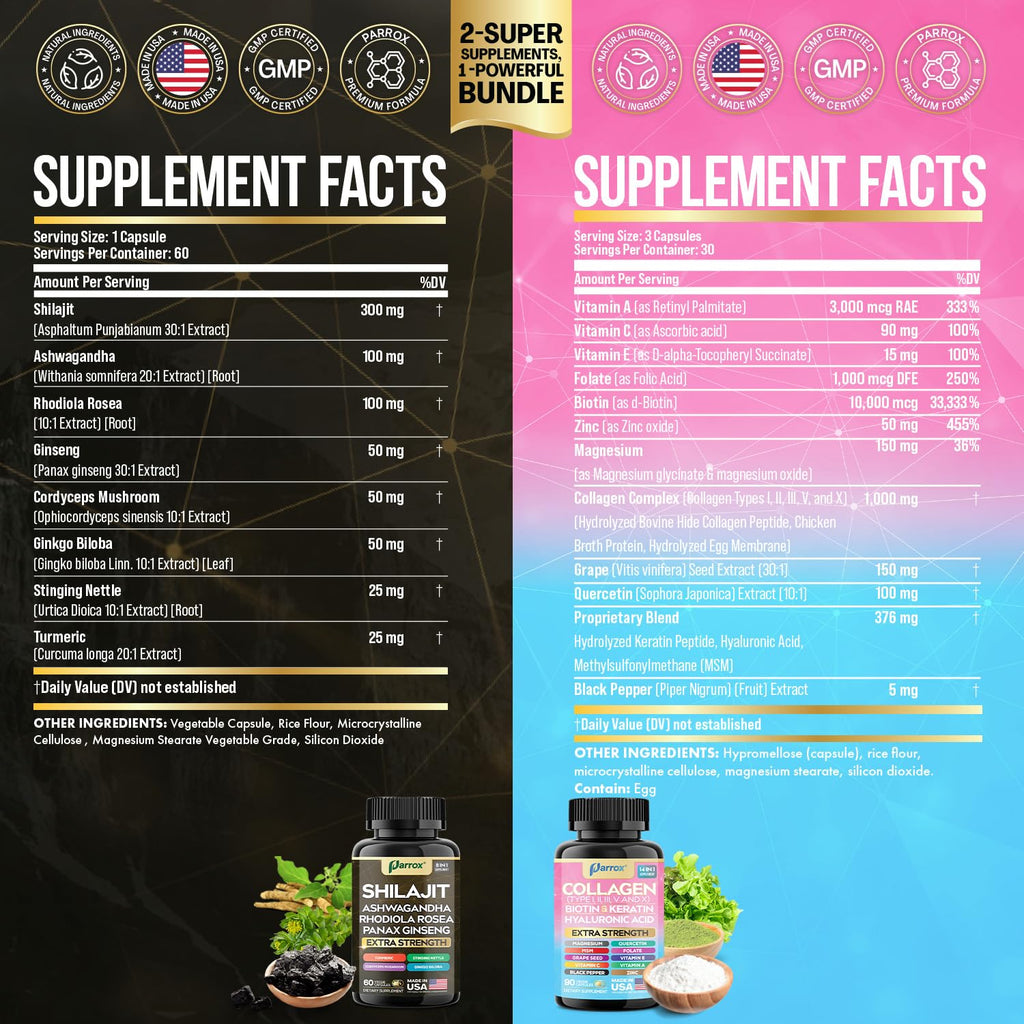 Parrox Adaptogen & Beauty Bundle – Rhodiola, Panax Ginseng, Ashwagandha, Cordyceps, Turmeric, Collagen, Biotin, Keratin, MSM, Hyaluronic Acid, Zinc, Quercetin, Vitamin C, A & E, Folate, Magnesium